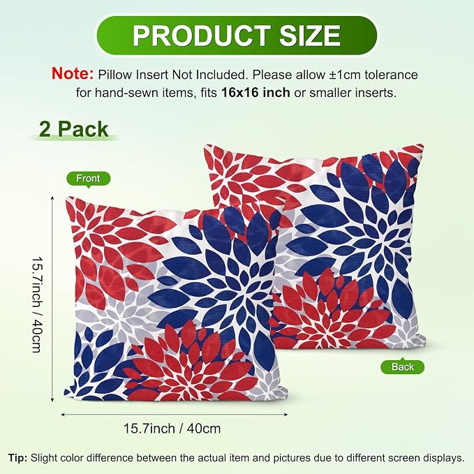 M METERXITY 2-Pack Pillow Cover 16x16 Linen, Blue Red Gray | Water Resistant Floral Decor Slipcover, for Patio, Balcony, Garden, Outdoor Pillow Case