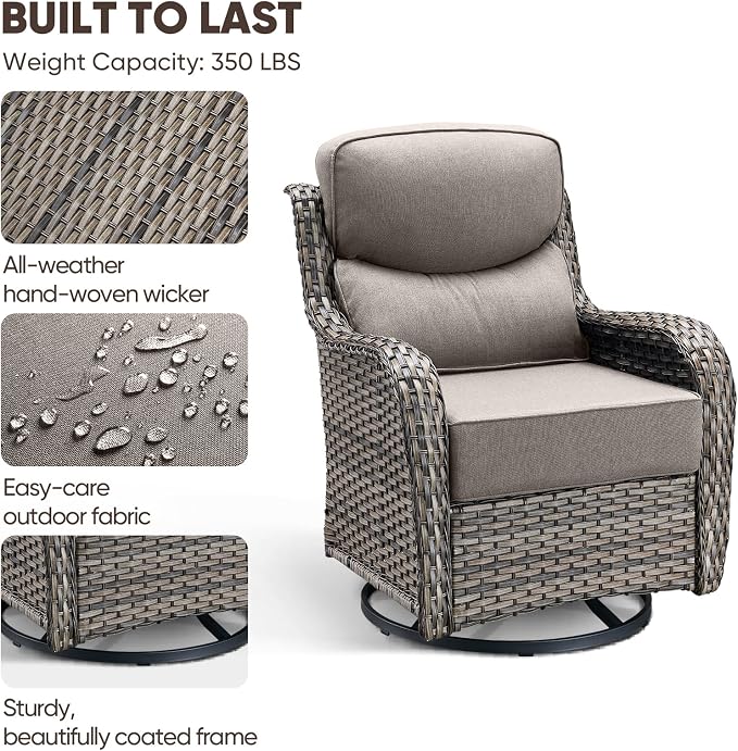 Swivel Patio Chairs Sofa Set of 4 with 6" Thick Cushion - Wicker Outdoor Swivel Rocker Patio Chair with Side Table, High Back Comfortable Outdoor Glider Chairs Grey Wicker Grey Cushions