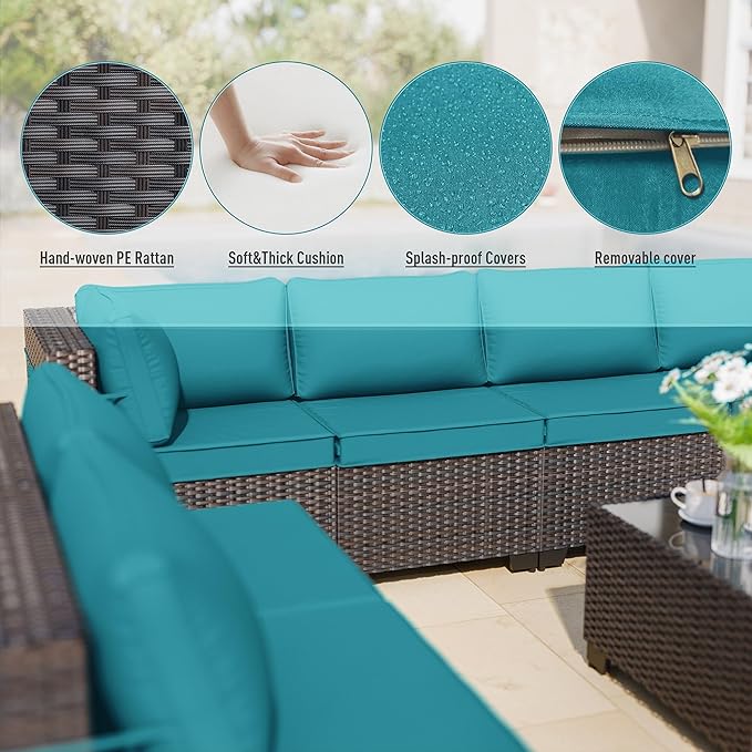 ALAULM 9 Pieces Patio Furniture Set Wicker Patio Conversation Set, Outdoor Sectional Furniture w/Coffee Table & Washable Seat Cushions-Blue