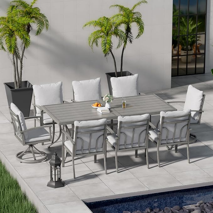 HAPPATIO 9-Piece Patio Outdoor Dining Set - All Aluminum Patio Table and Chairs Set for 8 Includes 1 Rectangular Table, 6 Dining Chairs, and 2 Swivel Chairs with Cushions for Lawn, Garden