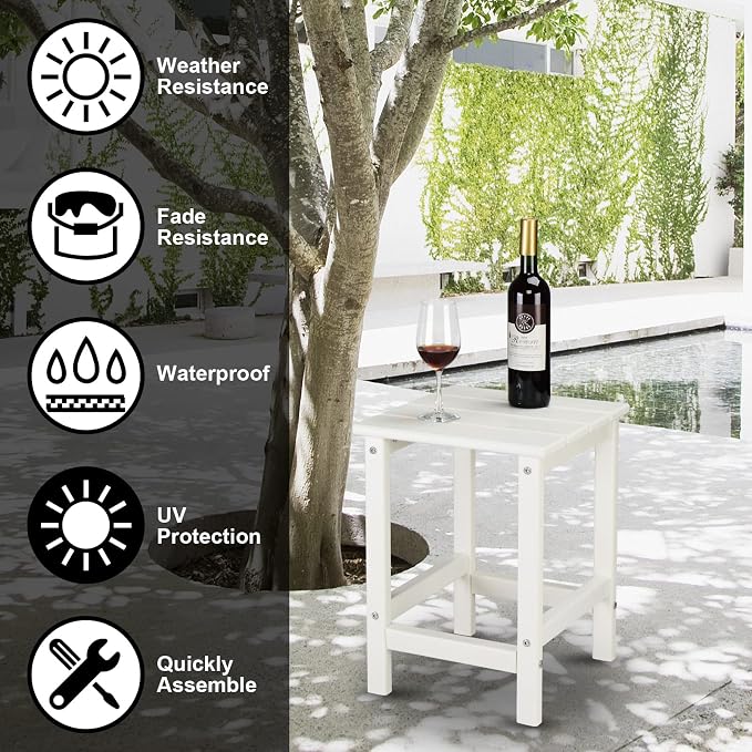 Outdoor Side Table, (HDPE) Wood Square Furniture Small Coffee Side end Table,Double Layer Waterproof Side Table,for Patio, Backyard, Pool,Bedroom, Living Room,Indoor Outdoor (White)