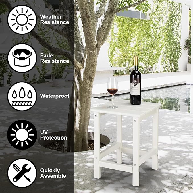 Adirondack Square Side Table - Waterproof & Colorfast HDPE Plastic with Slatted Top, 14x14x18.5 in (White)