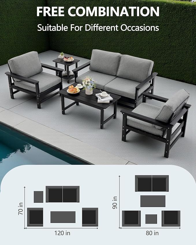 HDPE Outdoor Patio Furniture Set, 6-Piece Sofa Set with Loveseat Couch, 2 Armchairs,Side Table & Coffee Table, Weatherproof Conversation Set with Cushions,for Garden, Porch & Backyard