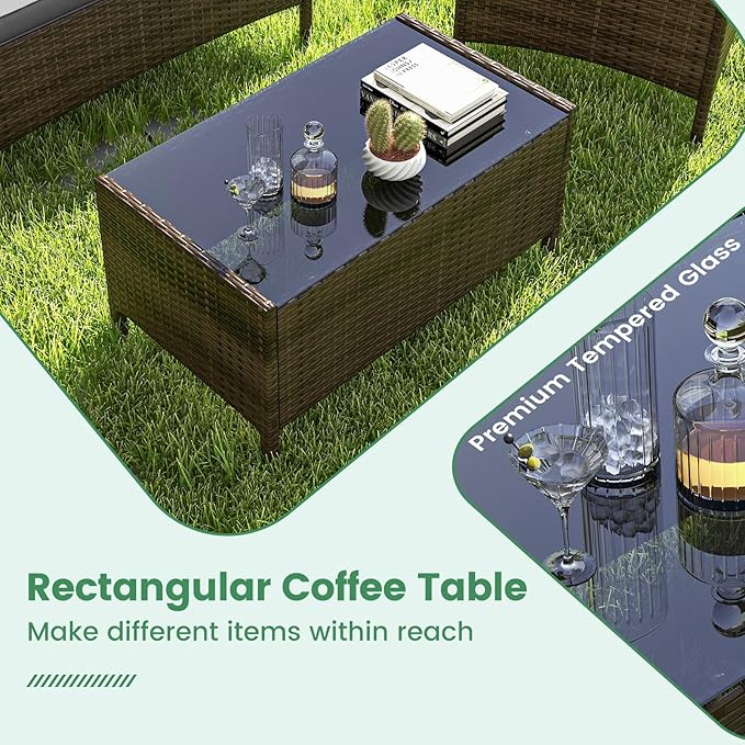 RELAX4LIFE 4-Piece Patio Furniture Set - Rattan Outdoor Conversation Bistro Set w/Cushions, Glass Coffee Table, Wicker Chairs & Loveseat for Garden Backyard Porch, Balcony Furniture Set (1, Grey)