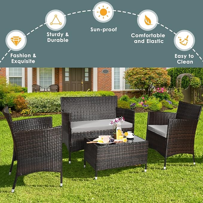 4 Pieces Patio Sofa Set, Wicker Conversation Set with Ergonomic Curved Backrest, Patio Rattan Furniture Set with Water-Resistant Cushion & Tempered Glass Table for Balcony, Porch (Gray)