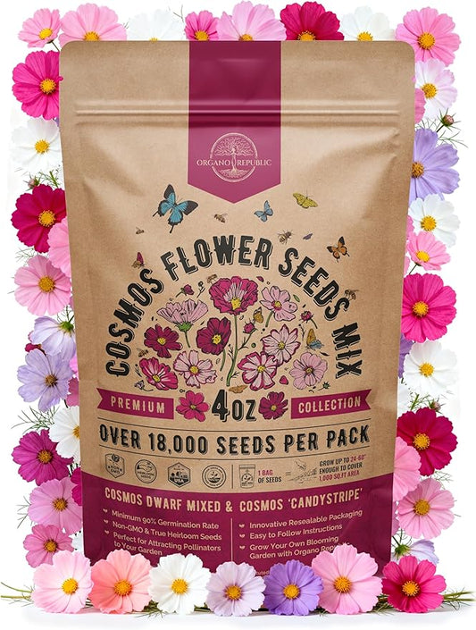 Cosmos Flower Seeds Pack 4 oz - 18,000 Non-GMO Heirloom Annual Seeds for Planting Indoor & Outdoor Gardening, Flower Seed for Garden in Resealable Packet, Floral Mix for Pollinators Perennial Mix