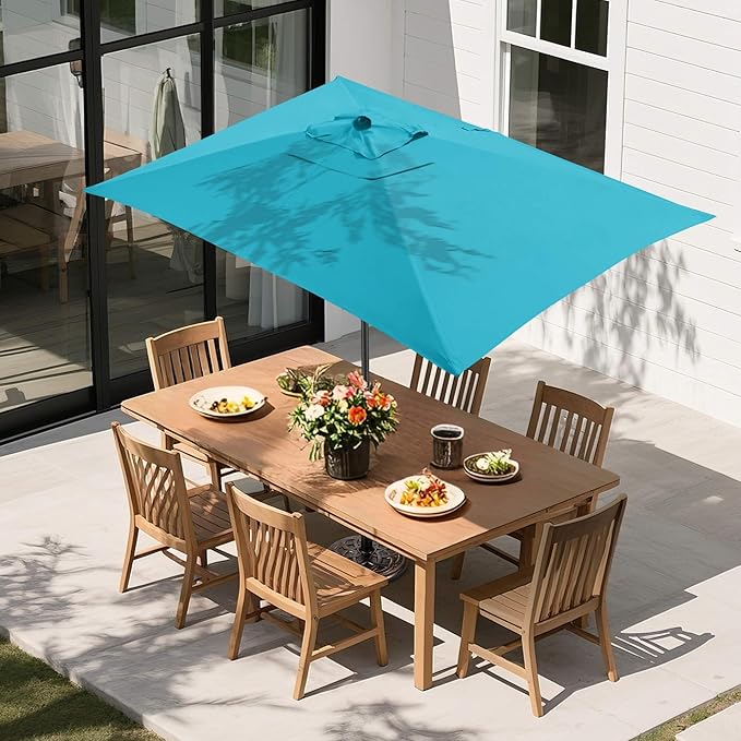FLAME&SHADE 6.5 x 10 ft Rectangular Patio Umbrella with Push Button Tilt & Crank, Table Market Rectangle Rectangle Umbrella Outdoor for Yard, Pool, Garden, Porch(Aqua Blue)