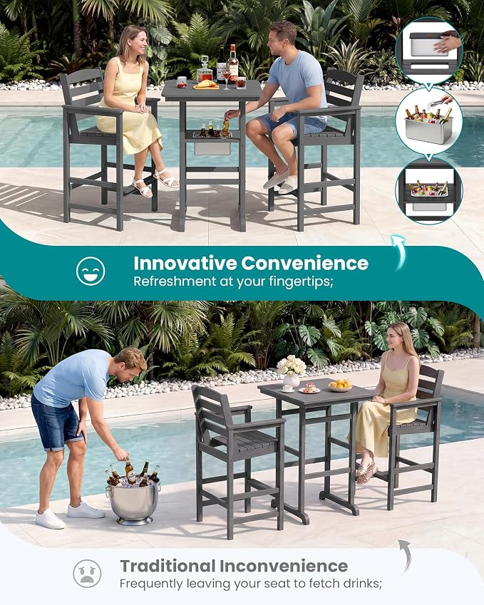 SERWALL Balcony Adirondack Chairs and Table 3 Pieces Set, HDPE Bar Height Chairs Set of 2 and Bar Table with Ice Bucket, Outdoor Bar Stools Set for Bistro, Poolside, Backyard, Grey