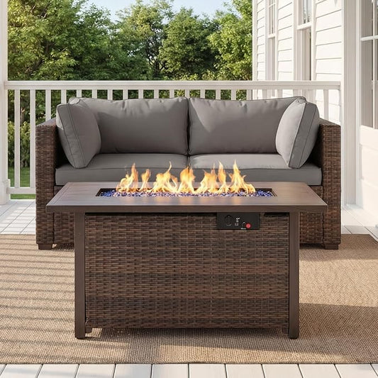3 Pieces Patio Furniture Set with Fire Pit Table, Outdoor PE Rattan Sectional Sofa with Soft Cushions for Backyard, Porch, and Poolside (Gray, 3 PCS w/Firepit)