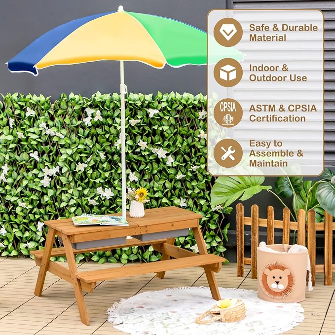 KOTEK Kids Picnic Table, 4 in 1 Sand and Water Table w/Detachable Tabletop, 2 Removable Play Boxes, Foldable & Height Adjustable Umbrella, Wood Sensory Table and Bench for Outdoors, Indoors (Colorful)