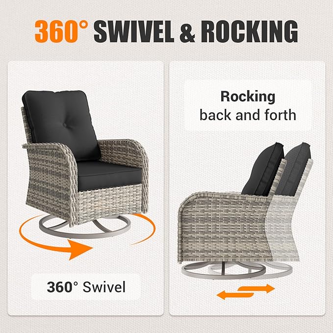 14-Piece Outdoor Patio Furniture Set with Rocking Swivel Chair, Wicker Rattan Sectional Sofa Conversation Set with 55,000 BTU Fire Pit Table, Backyard Furniture, Dark Grey