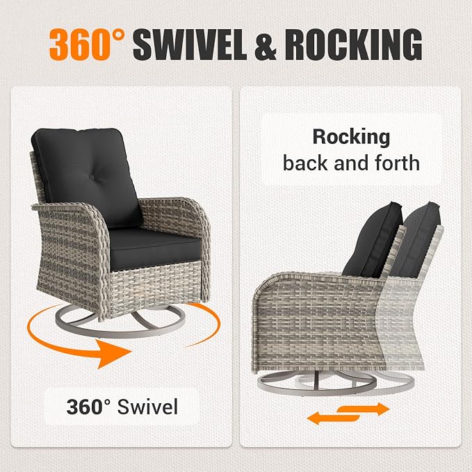 Outdoor Patio Furniture Set Patio Rocking Swivel Chair with Tempered Glass Side Table, Outdoor Wicker Rattan Bistro Set with Ottomans for Garden, Deck, and Balcony, Dark Grey