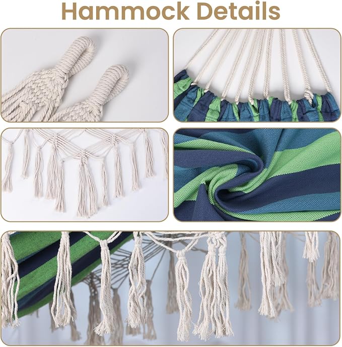 Bellzacasa Brazilian Double Camping Hammock, Portable Hammock Heavy Duty 500 lb Load Capacity Tassels and Fishtail Knitting with Carry Bag & Tree Straps for Patio Balcony Backyard, Blue Stripes