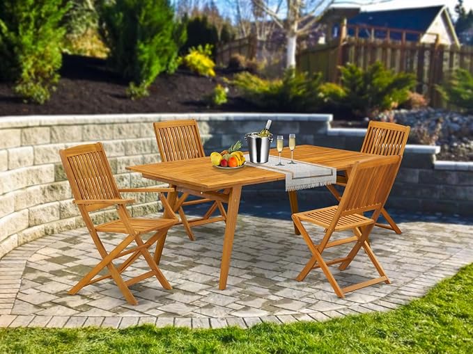 East West Furniture DECM5CWNA 5 Piece Outdoor Patio Dining Sets Includes a Rectangle Acacia Wood Table and 4 Folding Side Chairs, 40x72 Inch, Natural Oil
