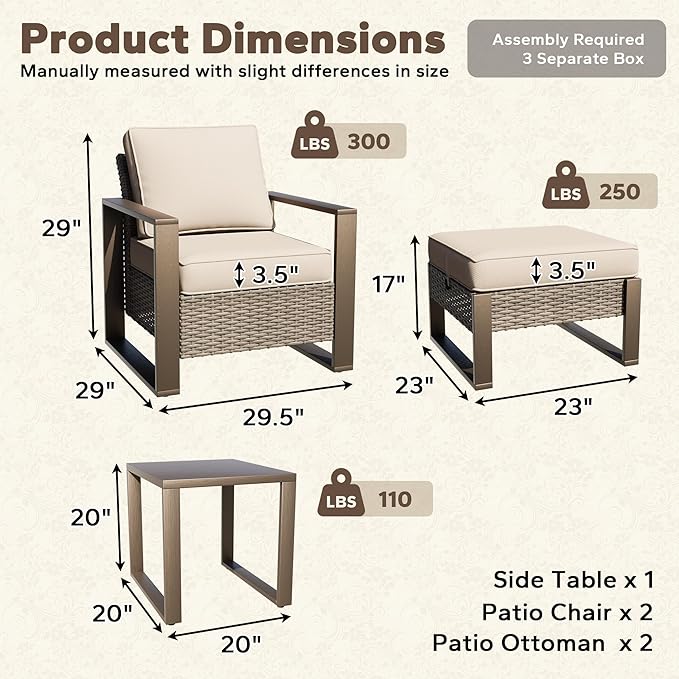5 Pieces Metal Wicker Patio Furniture Set - Two Armchairs and Two Ottomans, One Side Table, All Weather Rattan Outdoor Conversation Furniture with Washable Cushion for Deck Porch, Beige