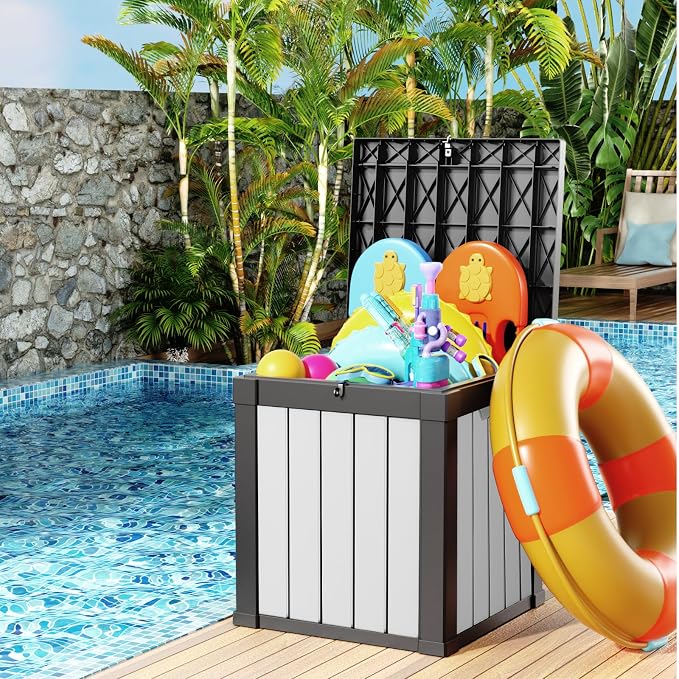 ROJIK 50 Gallon Resin Deck Box, Lockable Waterproof Weatherproof Outdoor Storage Container for Garden Tools, Cushions & Outdoor Accessories (Black&White)