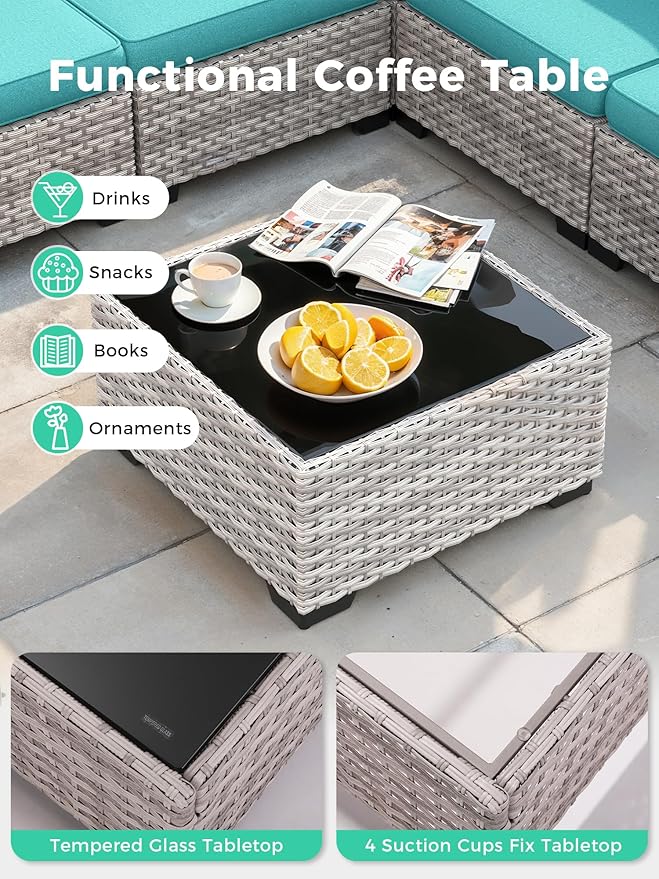 15 Piece Outdoor Wicker Rattan Sectional Sofa Set with Swivel Chairs, 12-Seats Conversation Set with 4" Thickened Cushions & Coffee Table, All-Weather PE Rattan for Garden, Backyard, Porch, Turquoise