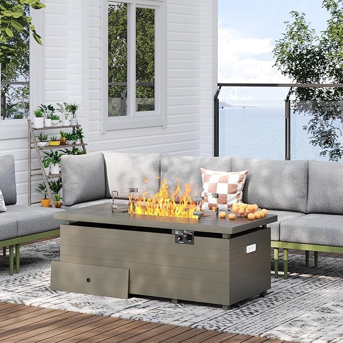 Metal Patio Furniture Set, 9 Pieces Outdoor Sectional Couch Sets with Fire Pit Table, U Shaped Outdoor Conversation Set with 6" Thick Cushion for Deck, Patio & Courtyard (Gray/Green)