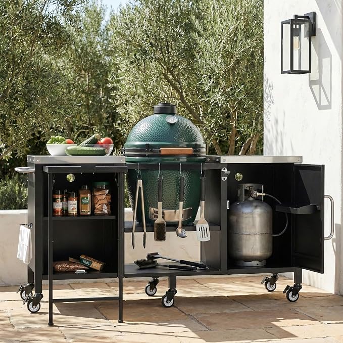 72.4" Large Grill Table for Large Big Green Egg,Metal Outdoor Grill Cart with Fold-out Prep Table,Adjustable Shelves,Spice Rack,Outdoor Kitchen Island for Big Green Egg,Kamado Joe Classic (Black#23)