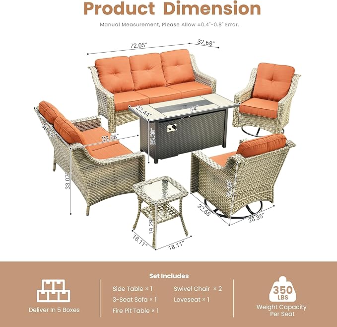 HOOOWOOO Patio Furniture Set,6 Pieces Wicker Outdoor Furniture,High Back Conversation Set with All Weather Resistant Fire Pit Table Couch Swivel Chairs,Orange Red