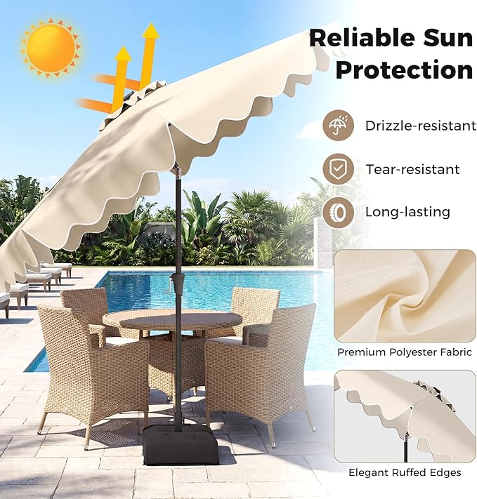 Tangkula 10 FT Solar Patio Umbrella with Base Included, 2-Tiers Outdoor Scalloped Table Umbrella with 32 LED Lights, 2 Sandbags, Tilt Adjustment, Crank, 8 Ribs for Market Backyard Pool Deck Beach Lawn (Beige, 10 FT)