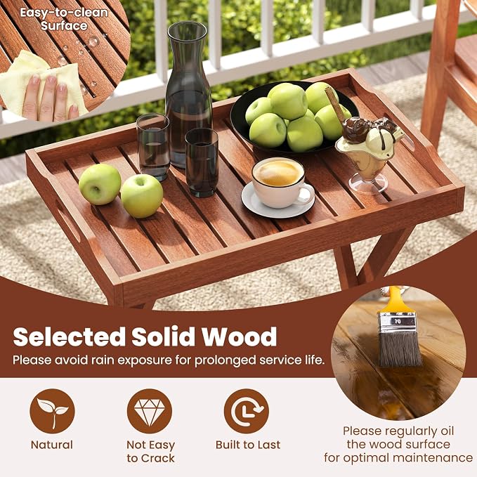 Giantex Outdoor Side Table, Wooden Folding Table with Removable Tray Top, Food Serving Tray with Stand for Patio, Porch, Garden, Backyard & Poolside