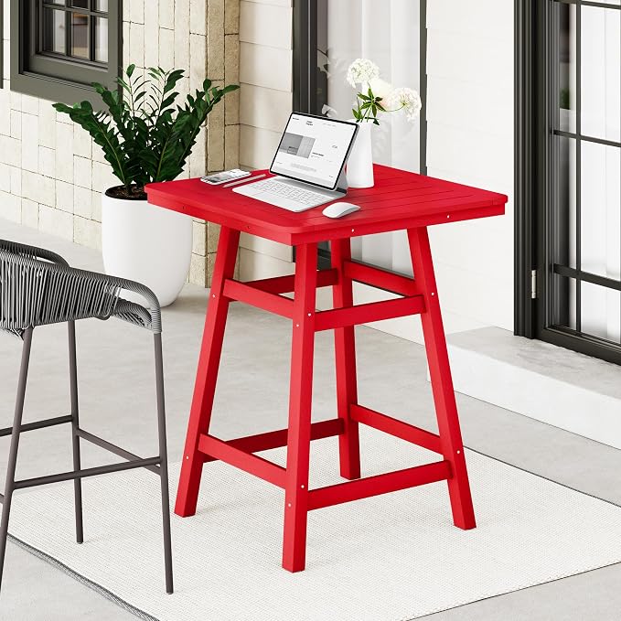Costaelm Outdoor Bar Table, 37" Counter Height Square Patio Cocktail Bar Table with Umbrella Hole, Patio Bistro Dining Pub Table for Front Porch Deck Backyard Garden, Red