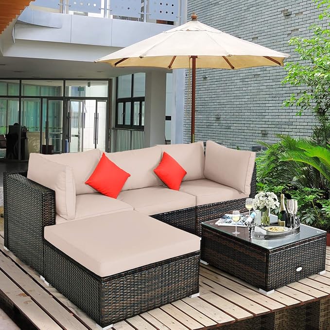 HAPPYGRILL 5 Pieces Patio Conversation Set, Outdoor Rattan Wicker Furniture Set, Sectional Sofa Ottoman Set with Coffee Table, Cushion, Pillow for Garden Lawn Balcony Backyard