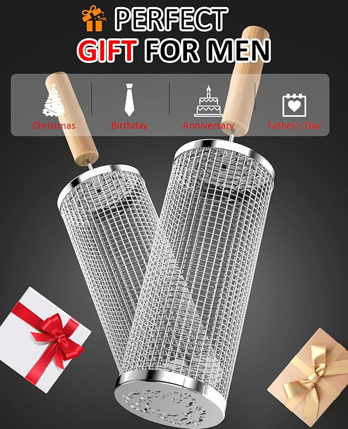 Rolling Grill Basket, Fathers Day Gifts for Dad Husband, Removable Wooden Handle, 304 Stainless Steel, Nesting BBQ Tools for Vegetable, Outdoor Smoker Camping Accessories, Grill Gift for Men Birthday