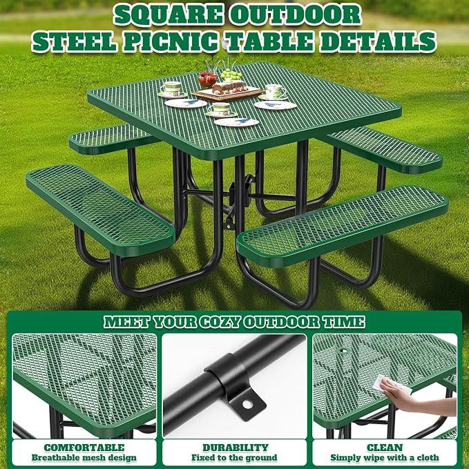 46IN Square Metal Picnic Table Set with Umbrella Hole and 4Benches for Outdoor, Expanded Heavy Duty Metal Commercial Grade Patio Dining Furniture for Yard Patio Lawn Party Coffee, Green
