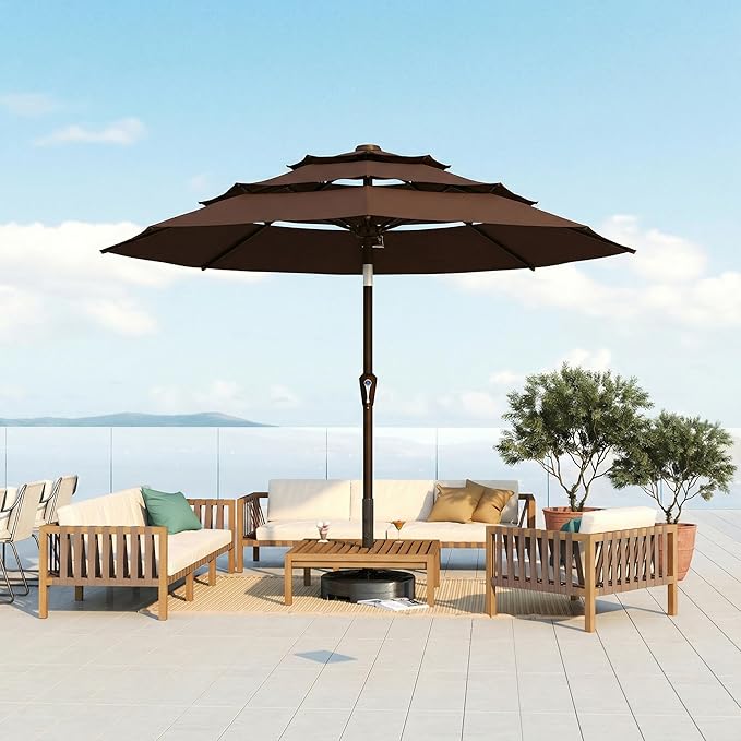 10FT Patio Umbrella 3 Tiers Outdoor Market Umbrella w/Push Button Tilt, Crank, UV and Waterproof Table Umbrella for Garden, Pool, Backyard, Deck, Lawn, Brown