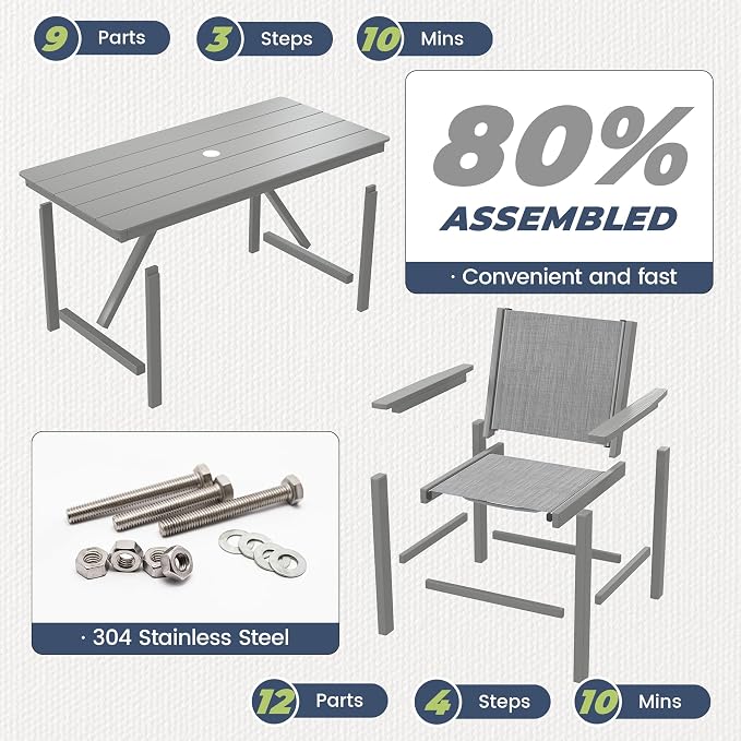 7 Piece HDPE Patio Dining Set, All-Weather Outdoor Table and Chair Sets with Umbrella Hole Outdoor Dining Table Sets of 6 Textilene Fabric Patio Chairs for Backyard, Poolside, Garden, Deck(Gray)