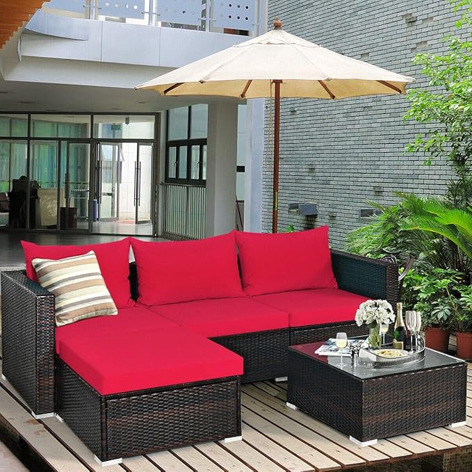 HAPPYGRILL 5PCS Patio Conversation Set Rattan Wicker Sectional Sofa Set with Coffee Table Outdoor Furniture Set with Cushions for Lawn Garden Porch