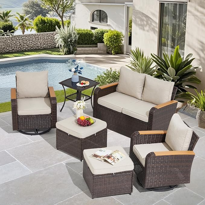 6 Pieces Outdoor Furniture Set with Swivel Chairs, Wicker Patio Furniture for Porch Deck Bistro Lawn Garden Backyard Poolside-Khaki