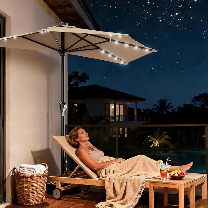 AreShark 9ft Patio Half Umbrellas with Solar Lights, 1/2 LED Half Outdoor Umbrella w/ 20 LED Lights, Lighted Table Wall Umbrella with Crank & 5 Sturdy Ribs for Market, Pool, Deck, Lawn and Garden, Beige