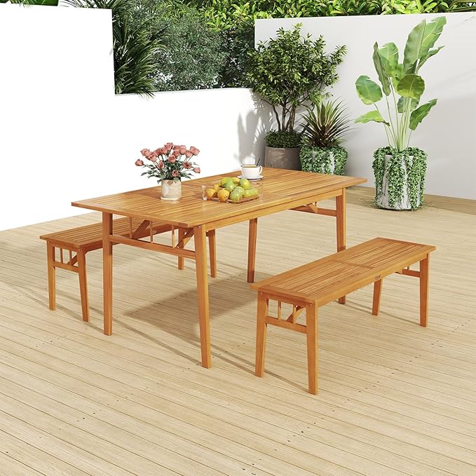 HAPPYGRILL Acacia Wood Outdoor Dining Table with Umbrella Hole & Cover, for 4-6 People, 63” Large Farmhouse Dinette Furniture for Backyard Patio Deck Porch
