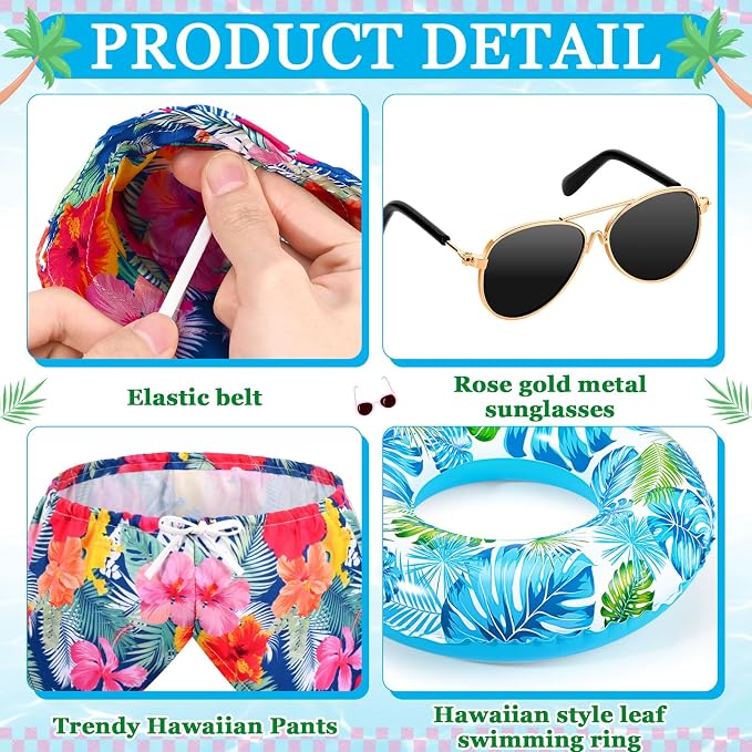 Summer Goose Outfits Porch Goose Hawaiian Outfit Swimming Goose Clothes with Swim Trunks Sun Hat Sunglasses Swim Ring for 23'' Geese Statue Spring Summer Decor (Colorful Tropical Floral)