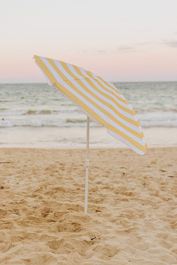 PICNIC TIME 5.5 Ft Portable Beach Umbrella, Lightweight UV Protection Sunshade with Tilt Pole & Carry Bag, Outdoor Canopy Umbrella for Beach, Sand, Pool, Patio, Camping, Travel, or Backyard Shade, (Yellow Cabana Stripe)