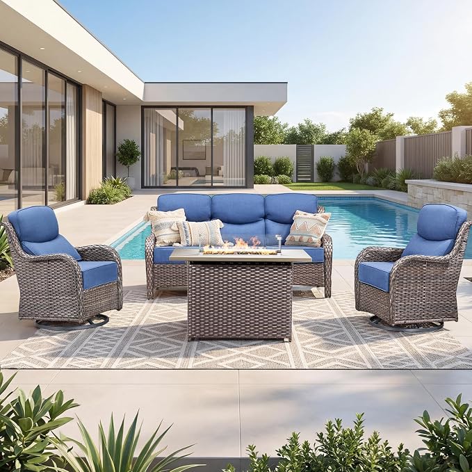 Luxury Patio Furniture Set with 6-inch Thick Cushion, Outdoor Furniture with Fire Pit Table, Swivel Chairs, Sofa, 4pcs Wicker Conversation Set for Deck Yard and Poolside(Brown Wicker/Blue Cushion)