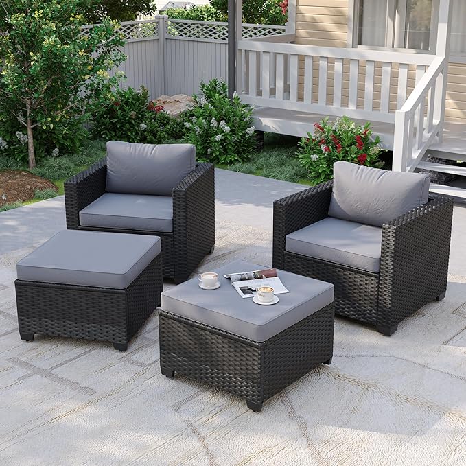 Aoxun 4 Piece Patio Furniture Set with Ottomans, Wicker Outdoor Furniture Conversation Set with 4" Thick Cushions for Deck Yard and Poolside Grey