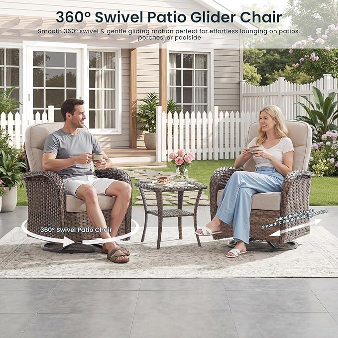 Luxury 6-Inch Cushion Outdoor Patio Furniture Set with Ottoman, Outdoor Swivel Rocker Patio Chairs with Side Table, Wicker Conversation Set for Deck Porch Garden Balcony and Poolside Beige