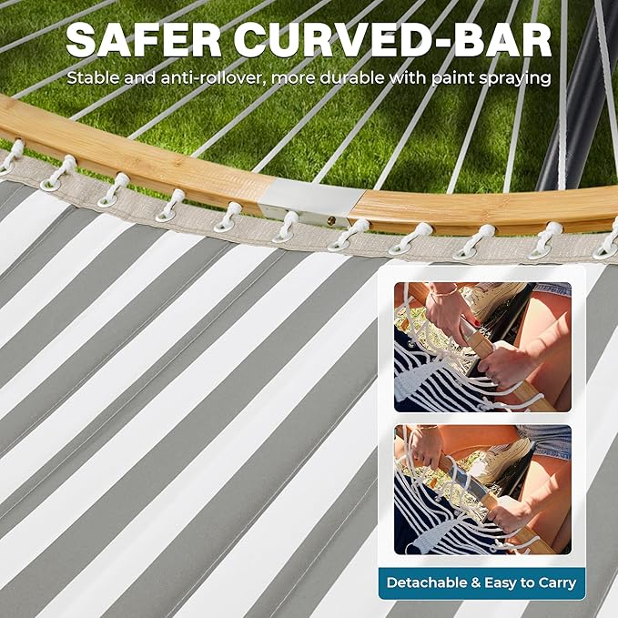 SUPERJARE Curved-Bar Hammock with Stand, 2 Person Heavy Duty Hammock Frame, Detachable Pillow & Portable Carrying Bag, Perfect for Outdoor & Indoor, Black and White Stripe