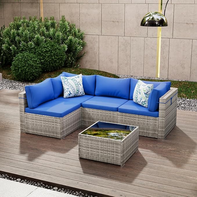 5 Piece Patio Furniture Set, Outdoor Wicker Patio Sofa Set, PE Rattan Sectional Couch with Glass Table and Blue Cushions, All-Weather 5 Piece Outdoor Patio Furniture Sets, Grey