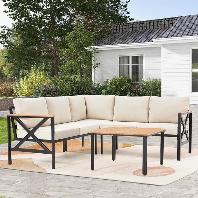 MELLCOM 6 Pieces Patio Furniture Sets, L-Shaped Patio Conversation Sets Metal Outdoor Sectional Sofa with Fauxwood Coffee Table & 6.5" Olefin Cushions for Backyard, Garden, Poolside