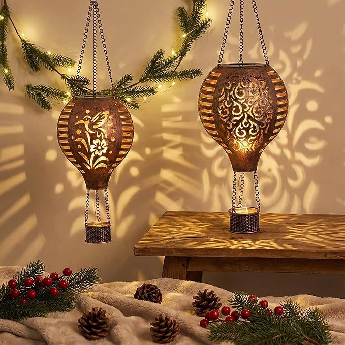 TERESA'S COLLECTIONS 2 Pack Hummingbird Flame and Hot Air Balloon Hanging Solar Lantern for Garden Decor, Outdoor Lights for Yard Decoration,Patio Yard Porch Lawn Ornaments as Gifts for Mom,18 Inch