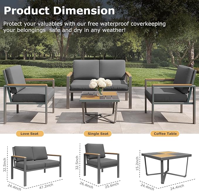 4-Piece Outdoor Patio Furniture Set, Metal Conversation Sofa Set with Deep Cushions & Wood-Like Armrests, Modern Patio Seating with Coffee Table for Garden, Porch, Balcony, Backyard (Black)