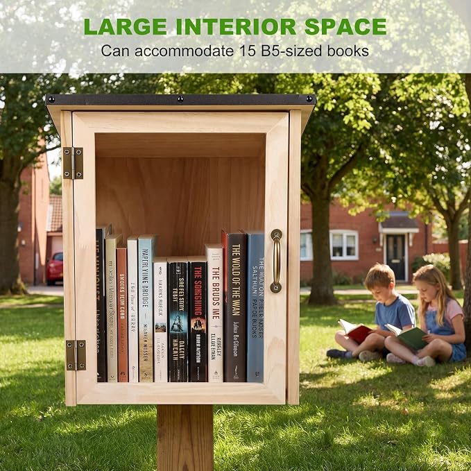 Little Library Outdoor Bookcase - Weatherproof Wooden Book Exchange Box with Visual Window, Large Capacity (Holds 15+ Books), Rain-Slope Roof for Backyard, Garden, Community & School Wooden Color
