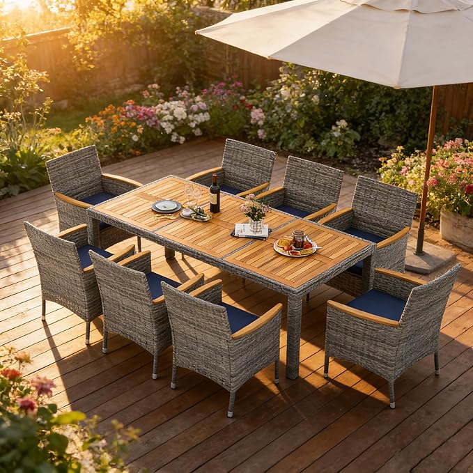 COSTWAY 9-Piece Patio Dining Set for 8, Outdoor Rattan Wicker Table and Chairs Furniture Set with Umbrella Hole, Acacia Wood Tabletop for Backyard, Balcony, Poolside, Grey & Navy