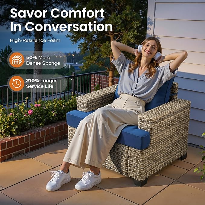 ovios 10 Piece Patio Sectional Furniture with 42in Fire Pit Table, Rattan Wicker Coversation Setwith Single Chairs, Outdoor Sofa Set for Outside Porch Balcony Backyard Pool, Navy Blue