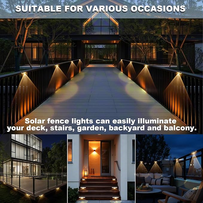 AGOTD Solar Fence Lights Outdoor, 8 Pack Fence Light Solar Powered Wall Lighting, Deck Lights Waterproof Led for Outside, Garden, Backyard, Patio, Pathway, Railing, Pool, Stairs, Step, Warm White